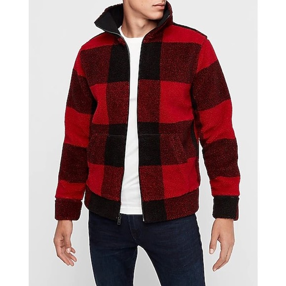 Express Jackets & Coats Express Red Black Plaid Check Fleece Lined